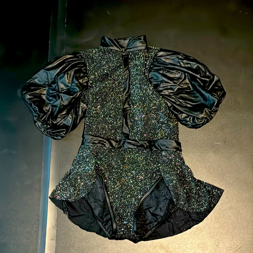 Weissman dance costume LC black leather-like and shimmery fabric with stones